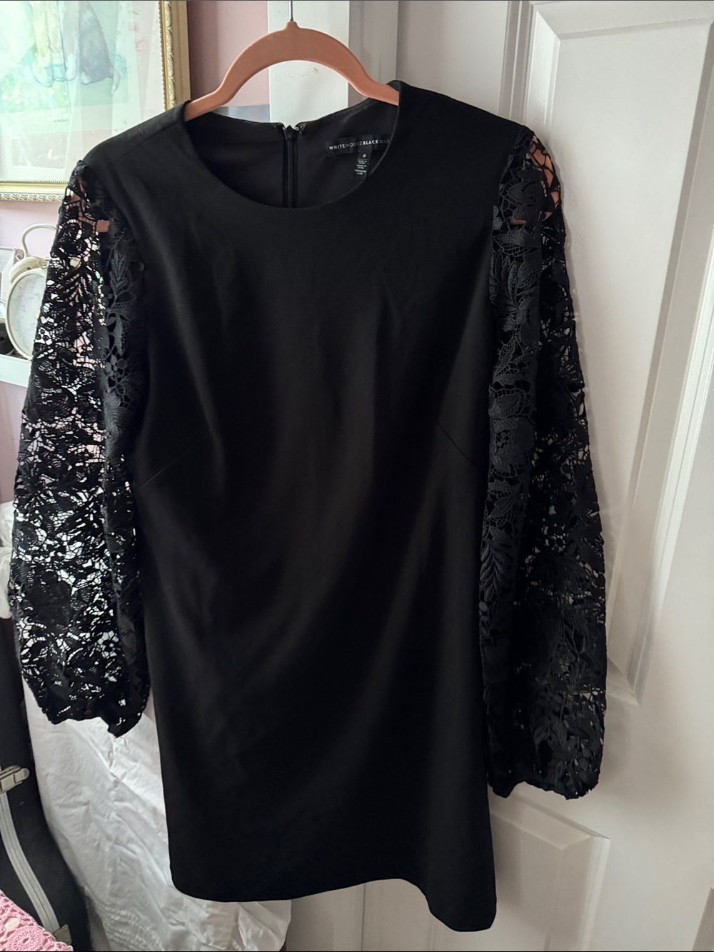 White House Black Market Black Dress with Lace Long lace balloon Sleeves Sz 8
